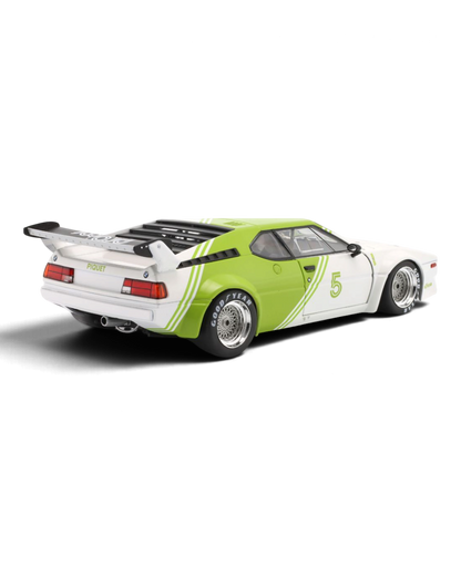 Werk83 1:18 BMW M1 Procar #5 Nelson Piquet 1980, rear three-quarter view showing rear wing and louvres