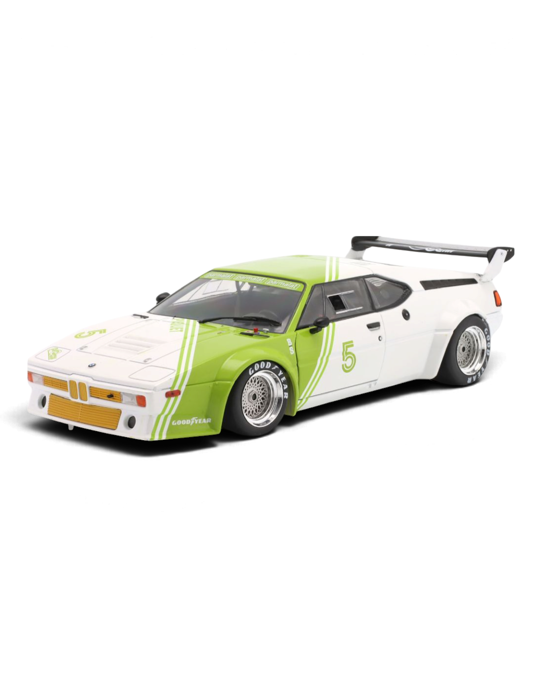 Werk83 1:18 BMW M1 (E26) Procar #5 Nelson Piquet, 1980, green and white BS Fabrications livery, front three-quarter view
