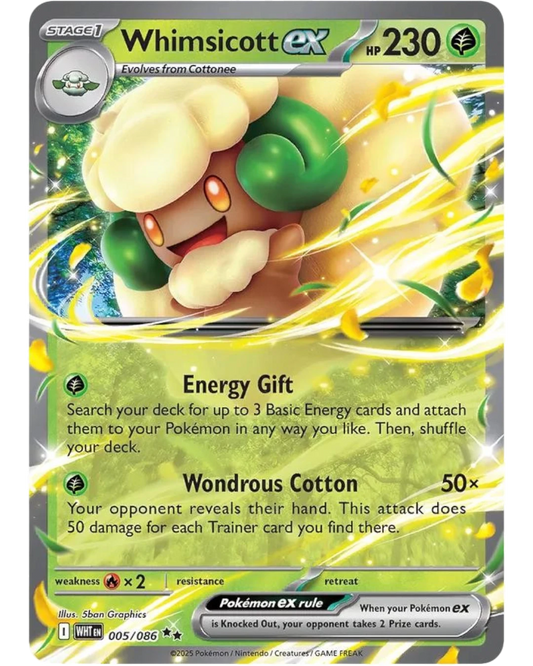 VaultifyUK Whimsicott ex 005/086 Holo Double Rare Pokémon card from the Scarlet & Violet series in Near Mint condition.