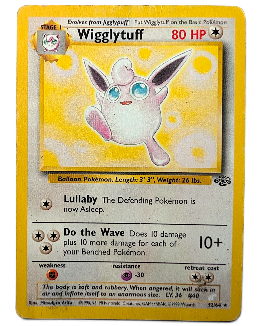 VaultifyUK 1999 Jungle set Wigglytuff 32/64 Pokémon card, front view showing classic holographic artwork