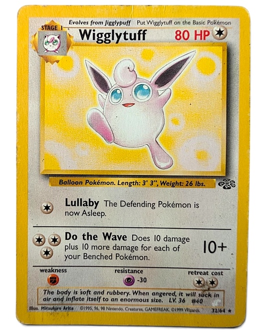 VaultifyUK 1999 Jungle set Wigglytuff 32/64 Pokémon card, front view showing classic holographic artwork