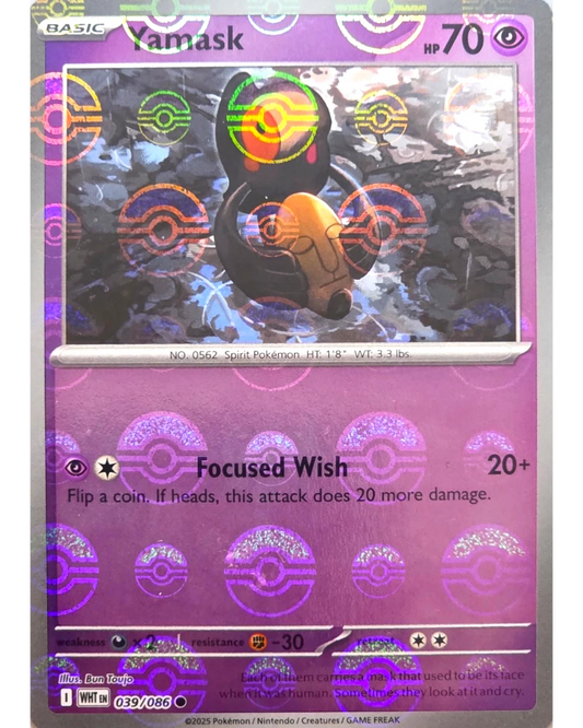 VaultifyUK Yamask 039/086 White Flare Pokémon card featuring a purple Poké Ball pattern reverse holo finish.