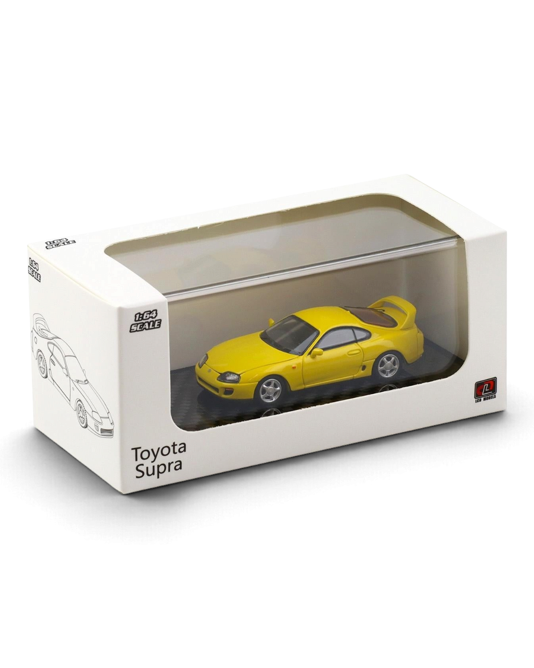 VaultifyUK 1:64 scale yellow Toyota Supra A80 model car in an acrylic display box