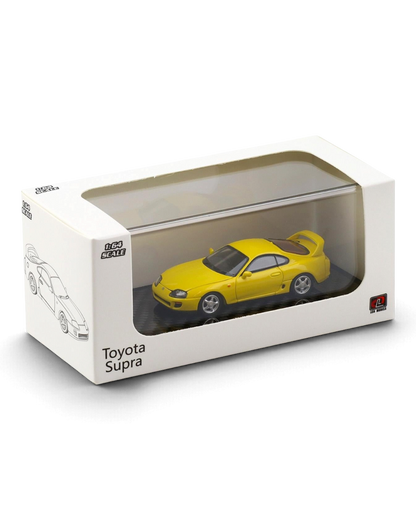 VaultifyUK 1:64 scale yellow Toyota Supra A80 model car in an acrylic display box