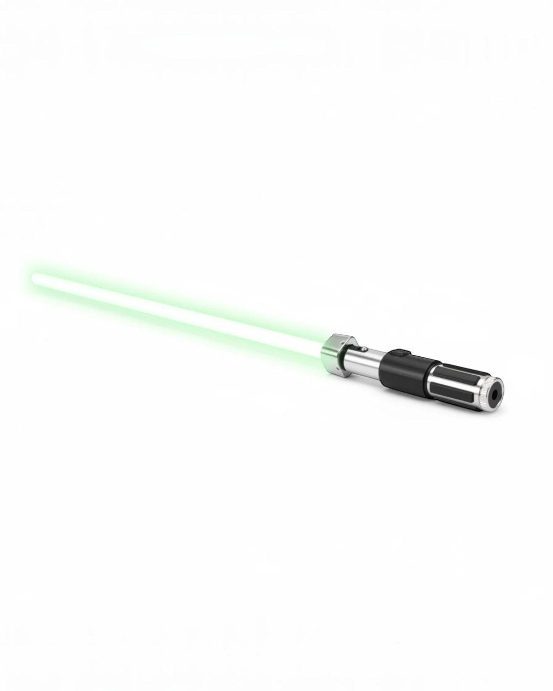 VaultifyUK Yoda lightsaber collectible prop with a glowing green blade and silver and black hilt for display or cosplay