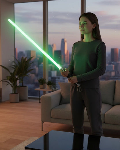 VaultifyUK ZD Toys Yoda lightsaber prop with a glowing green blade held by a woman in a modern apartment at sunset.