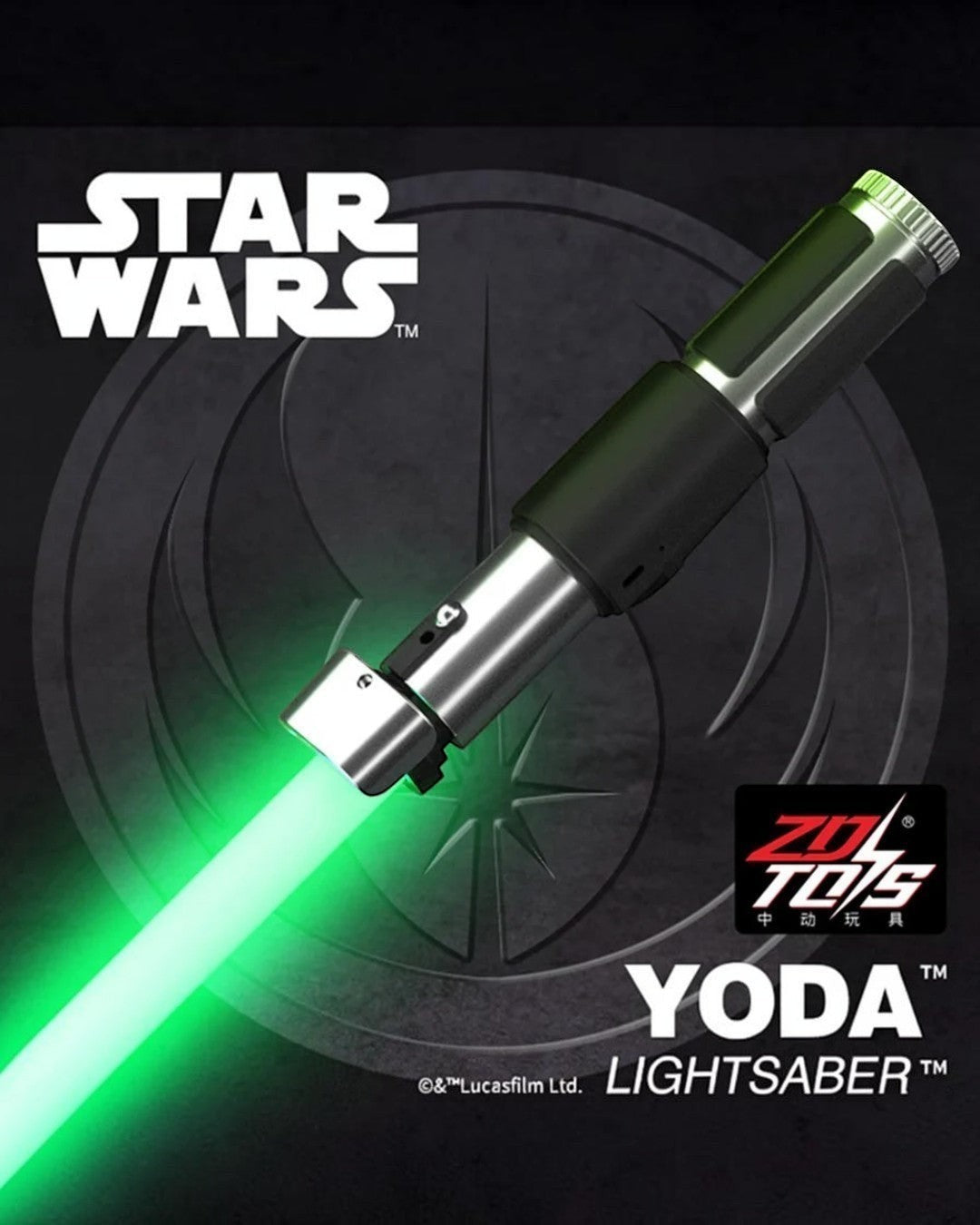 VaultifyUK ZD Toys Yoda lightsaber prop with a glowing green blade, silver hilt, and black grip detailing.