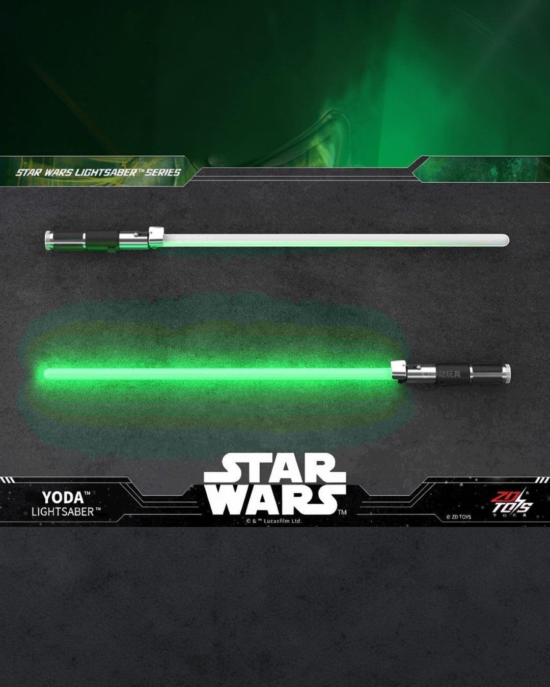 VaultifyUK ZD Toys Yoda lightsaber prop with a glowing green blade and silver and black hilt for Star Wars fans.