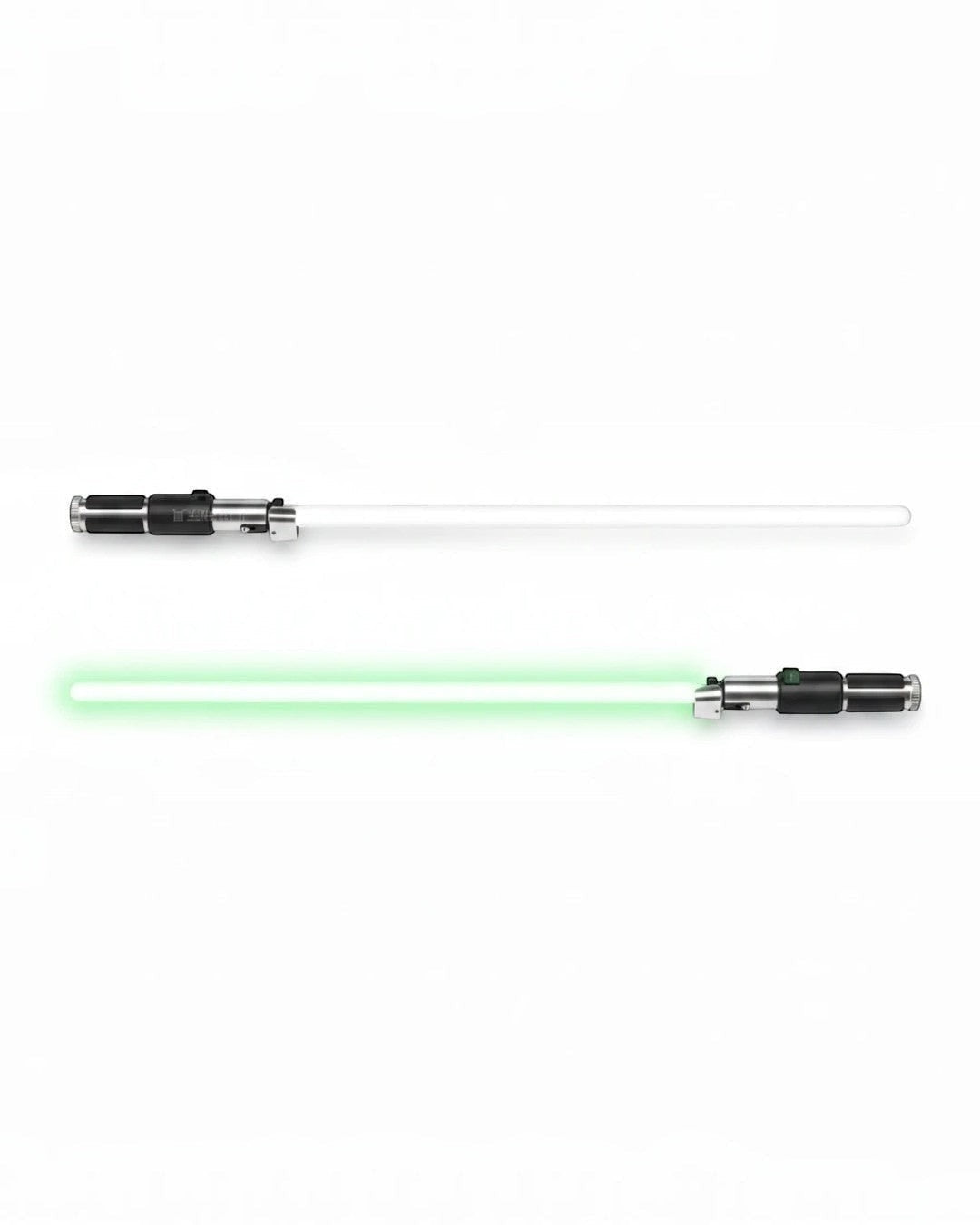 VaultifyUK ZD Toys Yoda lightsaber prop with silver hilt and green glowing blade, shown off and on against white.