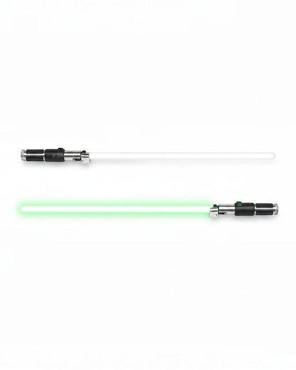 VaultifyUK ZD Toys Yoda lightsaber prop with silver hilt and green glowing blade, shown off and on against white.