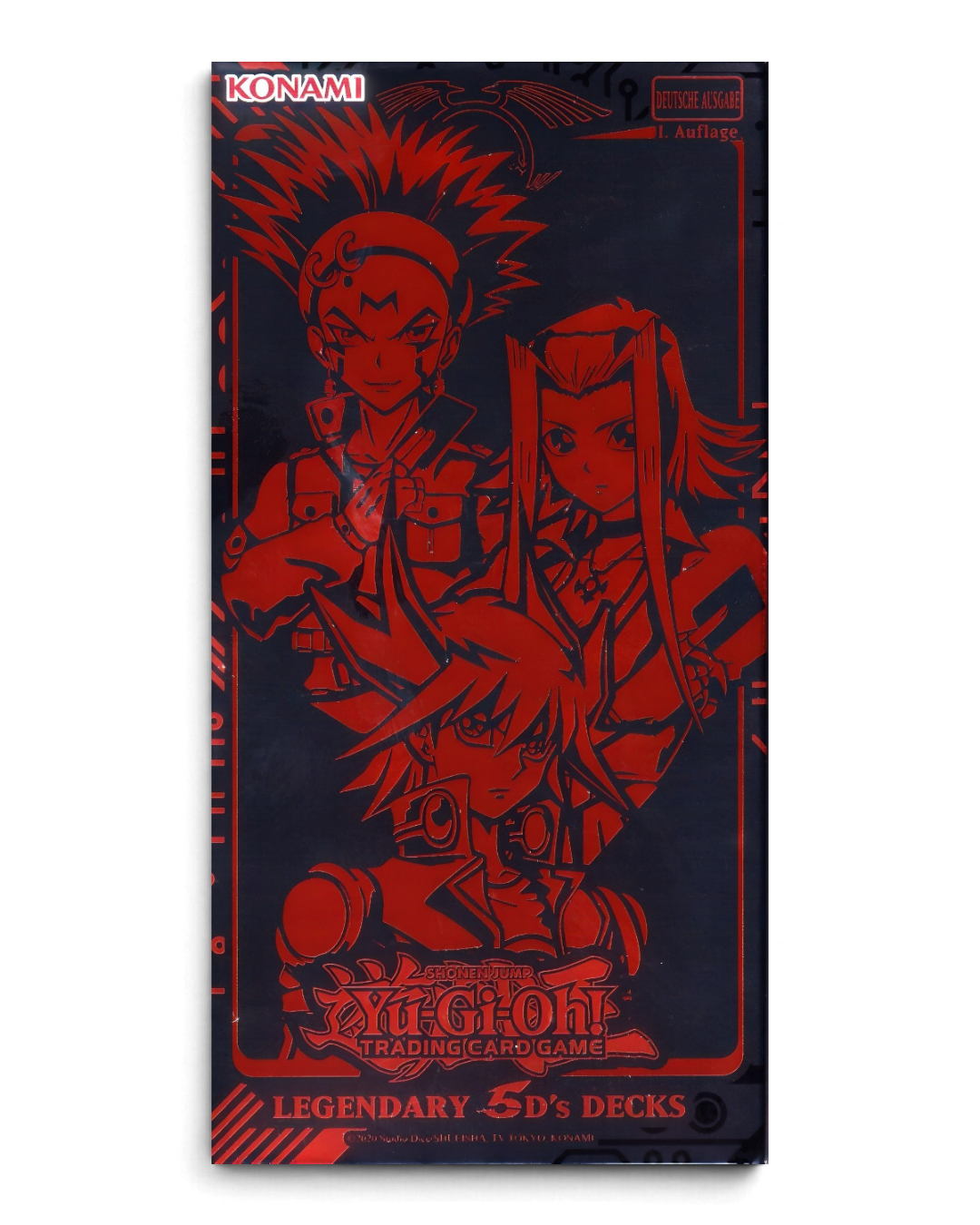 VaultifyUK Yu-Gi-Oh! Legendary 5D's Decks box featuring Yusei, Akiza, and Crow in a striking red and black design.