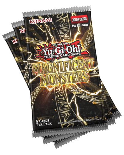 VaultifyUK Yu-Gi-Oh! Magnificent Monsters trading card booster packs with black and gold foil anime artwork