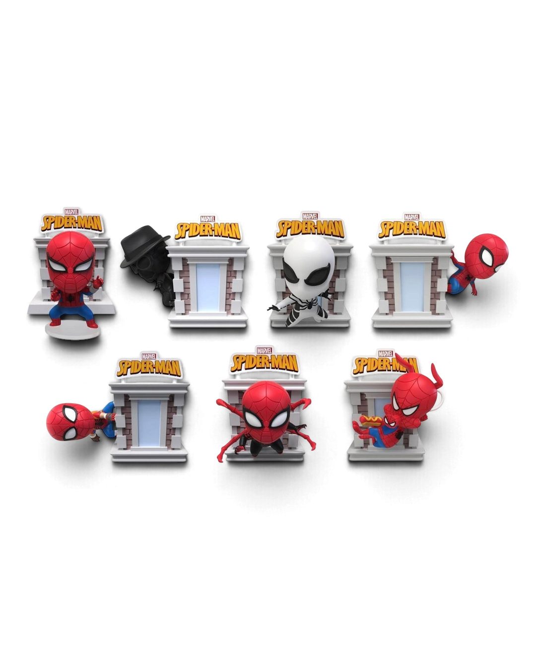 All 7 collectable figures in the YuMe Hero Box Marvel Spider-Man Tower Series, 3 inch / 8cm scale shown.