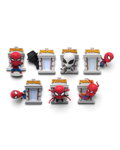 All 7 collectable figures in the YuMe Hero Box Marvel Spider-Man Tower Series, 3 inch / 8cm scale shown.