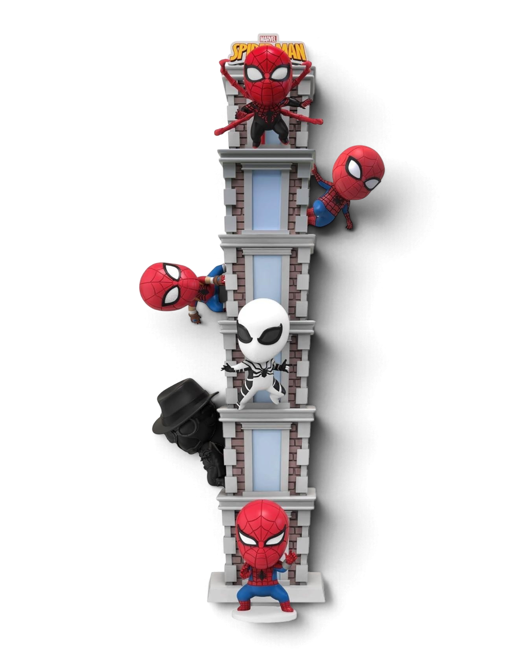 YuMe Hero Box Marvel Spider-Man Tower Series full stacked tower showing all 7 collectable figures.