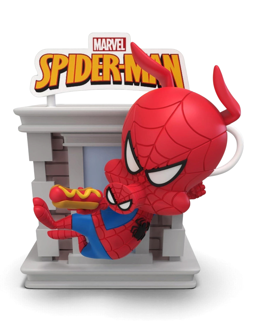 YuMe Hero Box Marvel Spider-Man Tower Series figure eating a hot dog on the tower building piece.
