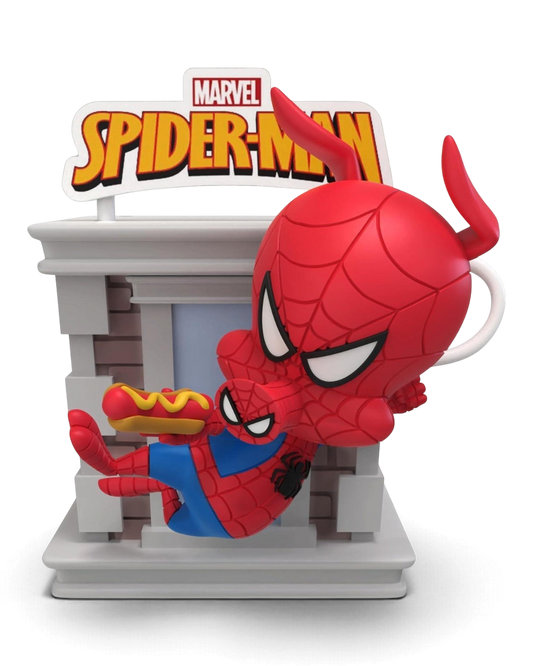 YuMe Hero Box Marvel Spider-Man Tower Series figure eating a hot dog on the tower building piece.