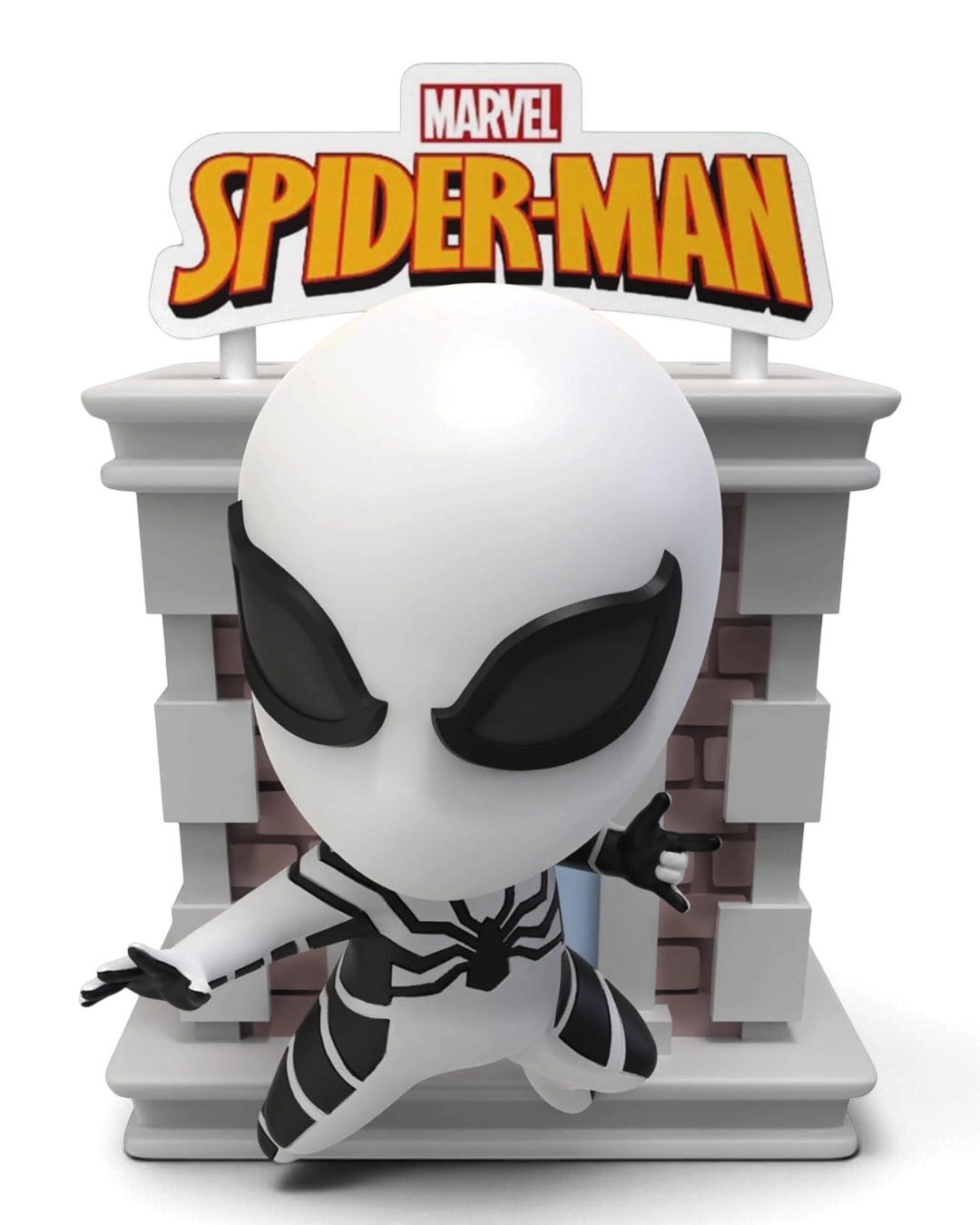 YuMe Hero Box Marvel Spider-Man Tower Series white and black suited Spider-Man figure.
