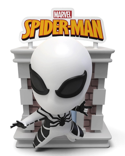 YuMe Hero Box Marvel Spider-Man Tower Series white and black suited Spider-Man figure.