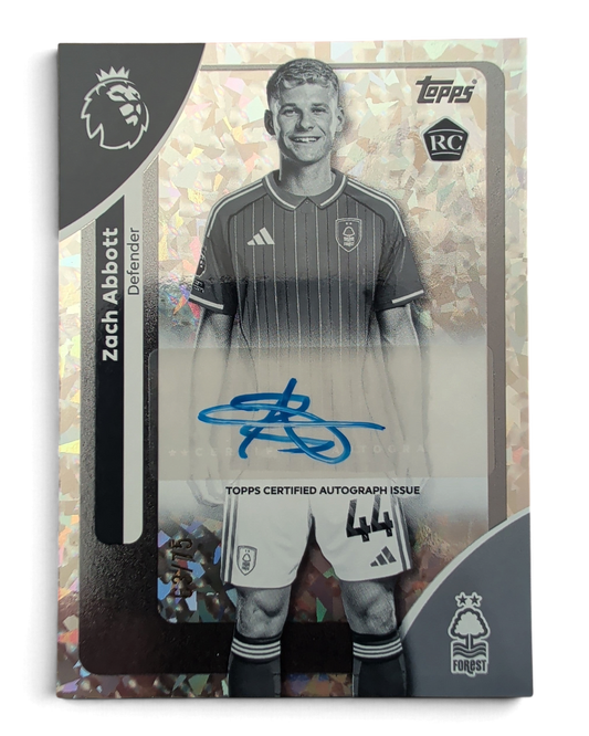 VaultifyUK Zach Abbott 2025/26 Topps Premier League rookie autograph card with black and white sparkle finish