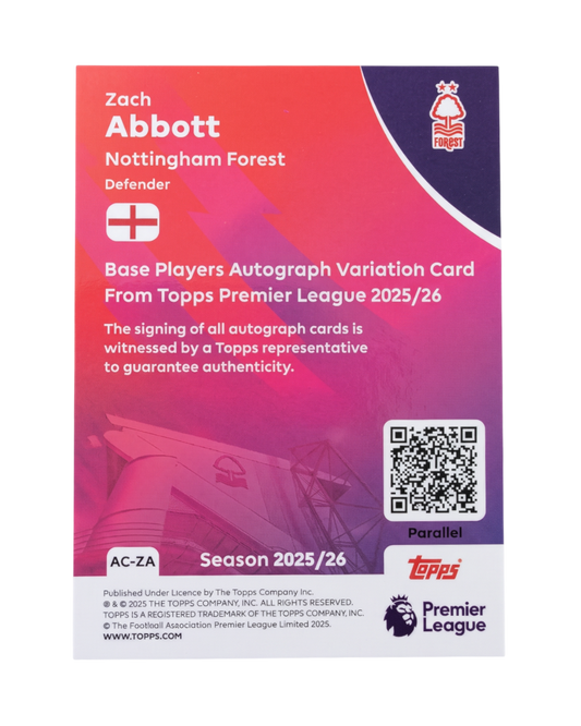 VaultifyUK Zach Abbott 2025/26 Topps Premier League black and white sparkle autograph card, numbered to 75.