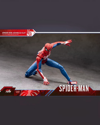 VaultifyUK ZD Toys Spider-Man Advanced Suit 1/10 scale action figure in a dynamic crouching pose on a grey background.