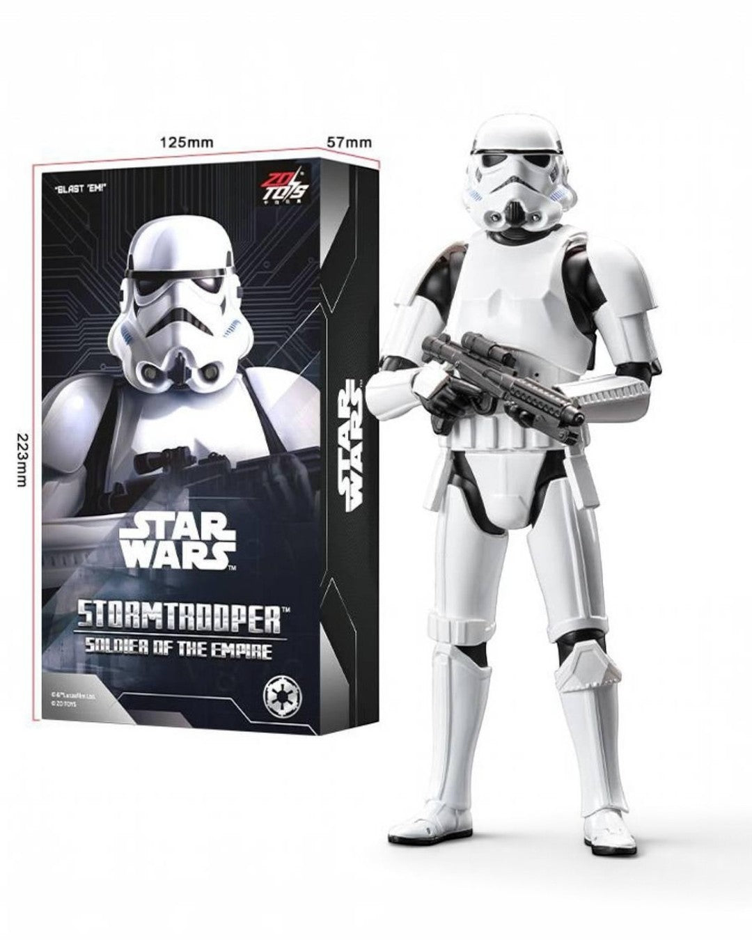 VaultifyUK ZD Toys 1/10 scale Stormtrooper action figure with white and black armour and blaster next to product box