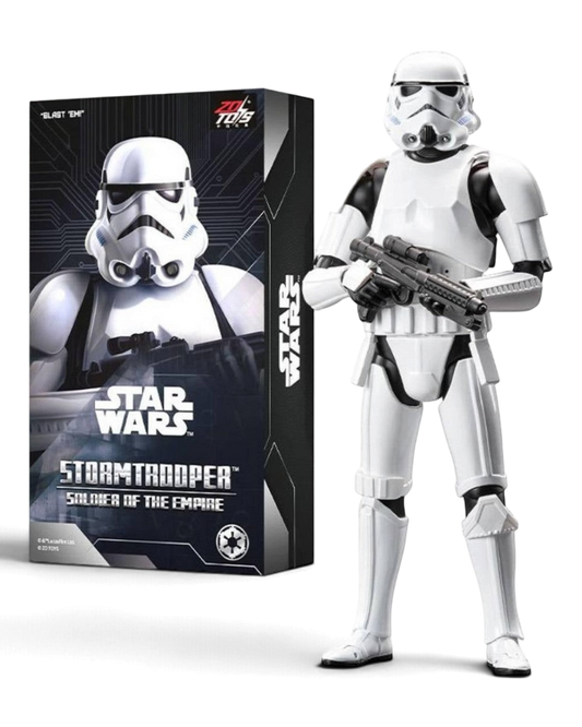 VaultifyUK ZD Toys 1/10 scale Stormtrooper action figure with white and black armour and blaster next to product box