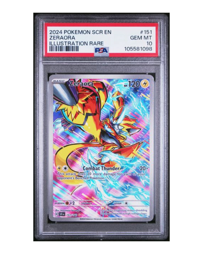 VaultifyUK PSA 10 Gem Mint Zeraora 151/142 Illustration Rare Pokémon card from the Stellar Crown expansion.