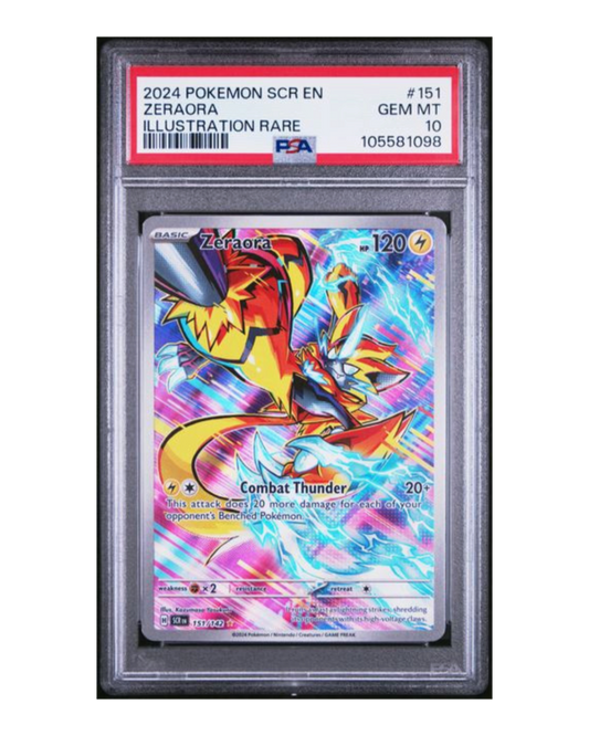 VaultifyUK PSA 10 Gem Mint Zeraora 151/142 Illustration Rare Pokémon card from the Stellar Crown expansion.