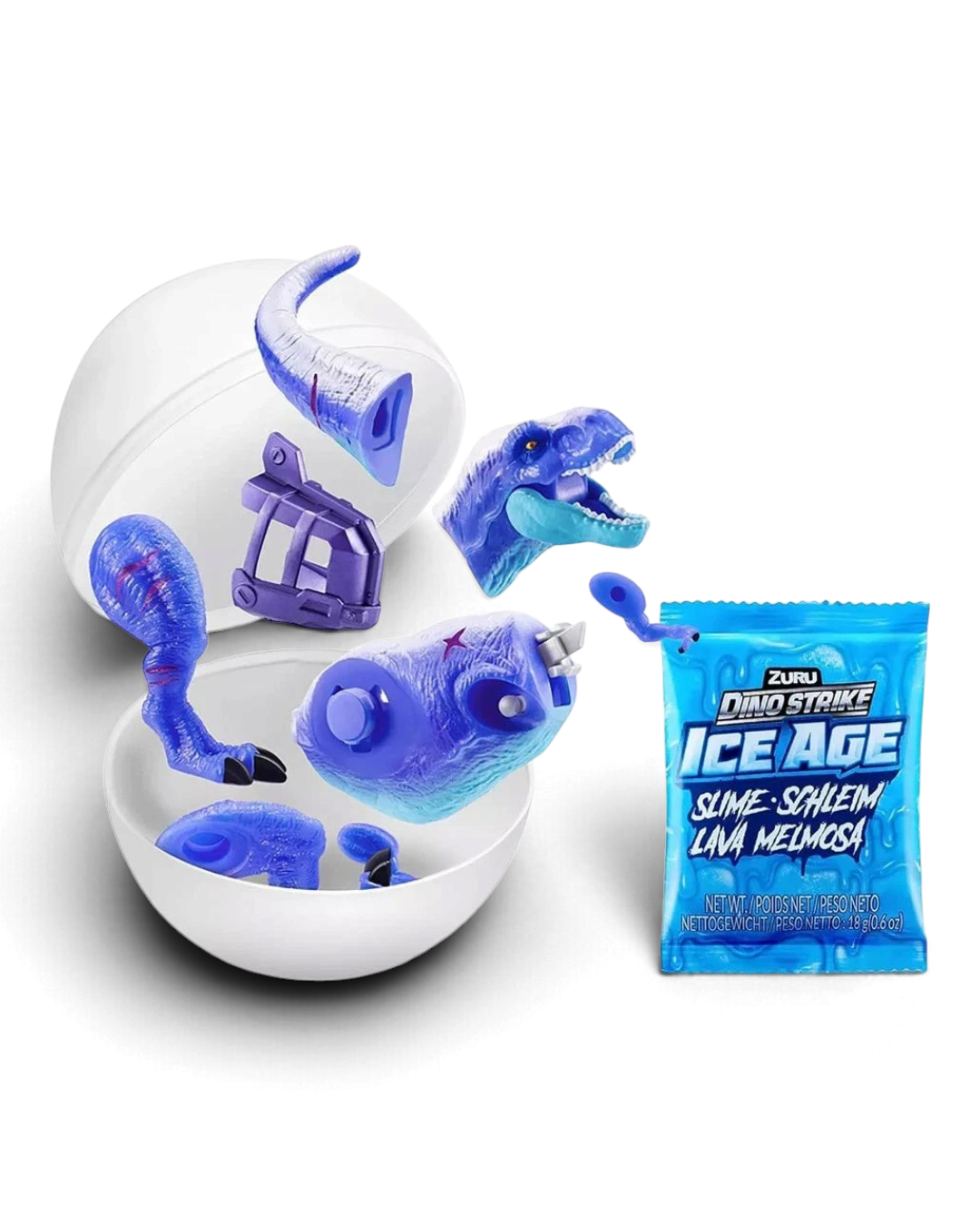 VaultifyUK ZURU 5 Surprise Dino Strike Ice Age capsule with blue dinosaur parts and slime packet on white background