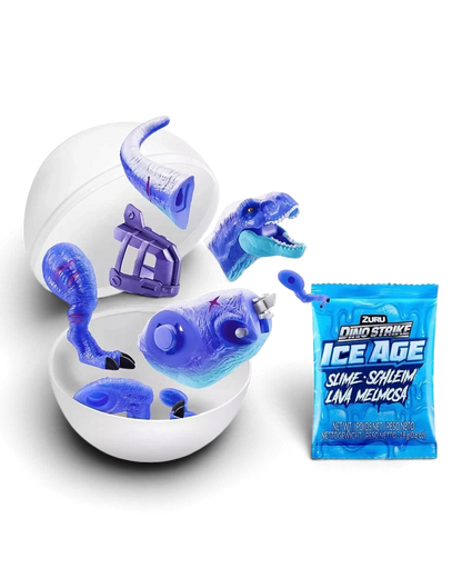 VaultifyUK ZURU 5 Surprise Dino Strike Ice Age capsule with blue dinosaur parts and slime packet on white background