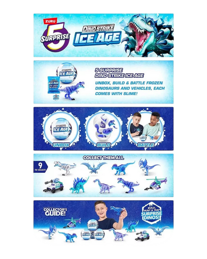 VaultifyUK ZURU 5 Surprise Dino Strike Ice Age capsule featuring buildable frozen dinosaur toys and slime accessories.