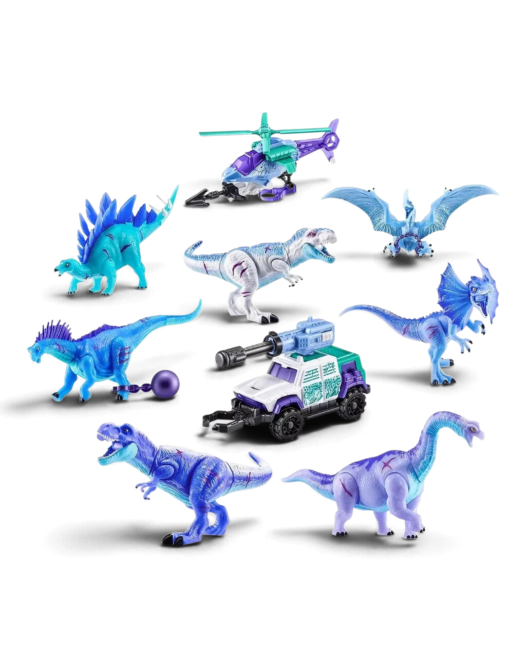VaultifyUK ZURU 5 Surprise Dino Strike Ice Age collection featuring various blue and purple toy dinosaurs and vehicles.