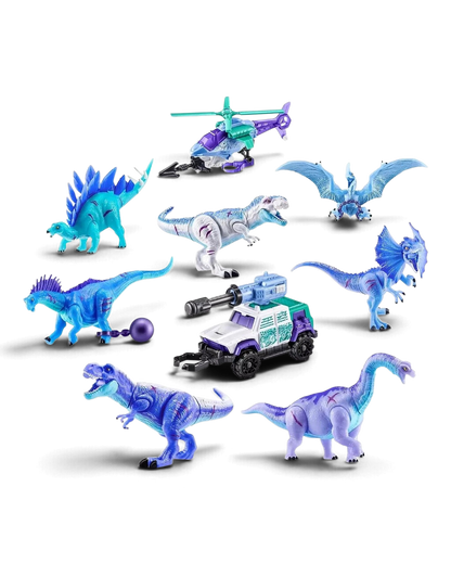 VaultifyUK ZURU 5 Surprise Dino Strike Ice Age collection featuring various blue and purple toy dinosaurs and vehicles.