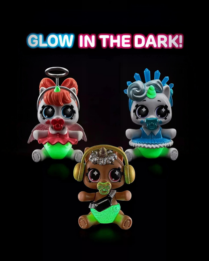 VaultifyUK ZURU 5 Surprise Newborn Unicorn Glow Squad figures with glowing green diapers on a black background