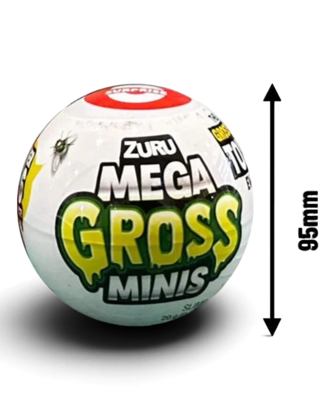 VaultifyUK ZURU 5 Surprise Mega Gross Minis capsule toy featuring a 95mm diameter spherical packaging design.