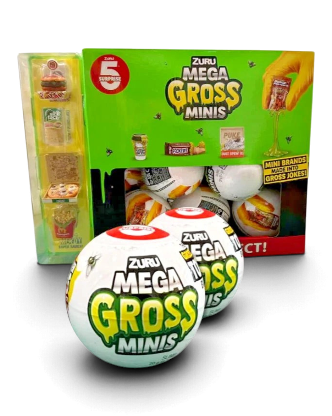 VaultifyUK ZURU 5 Surprise Mega Gross Minis capsules featuring green slime-themed packaging and collectible toys.