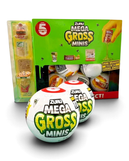 VaultifyUK ZURU 5 Surprise Mega Gross Minis capsules featuring green slime-themed packaging and collectible toys.