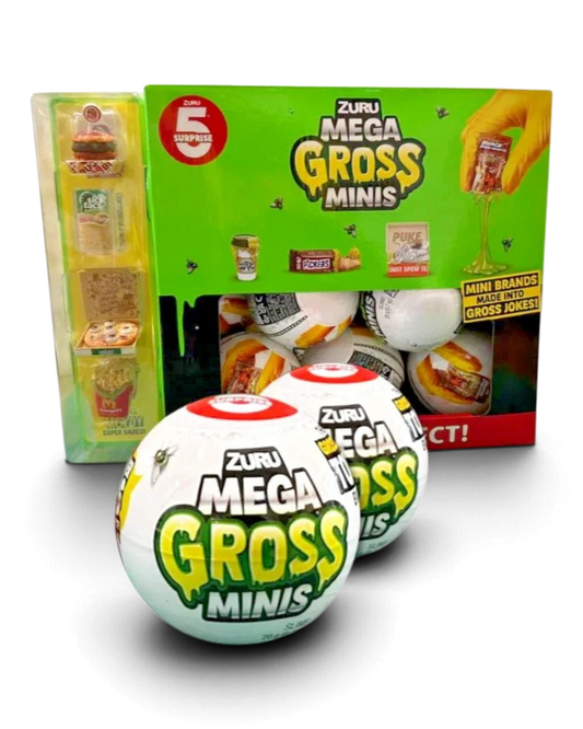 VaultifyUK ZURU 5 Surprise Mega Gross Minis capsules featuring green slime-themed packaging and collectible toys.