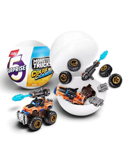 VaultifyUK ZURU 5 Surprise Monster Trucks Colour Change capsule with a mini orange truck and accessories