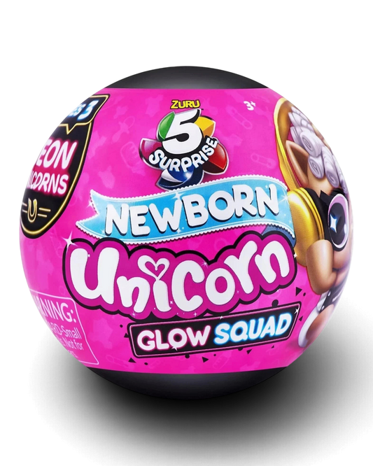 VaultifyUK ZURU 5 Surprise Newborn Unicorn Glow Squad capsule featuring vibrant pink packaging and unicorn branding