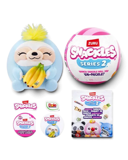 VaultifyUK ZURU Snackles Series 2 surprise capsule with a blue sloth plush toy holding a banana and snack stickers.